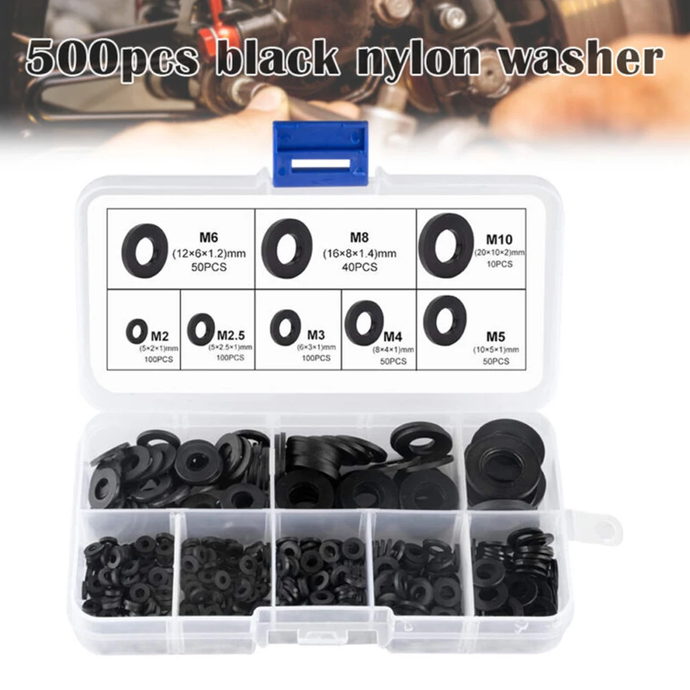 Flat Spacer Washer Seal, Juntas de mangueira, Metric Bolt, Flat Ring Spacer, Seal Kit, Nylon, M2-M10, 500Pcs por caixa