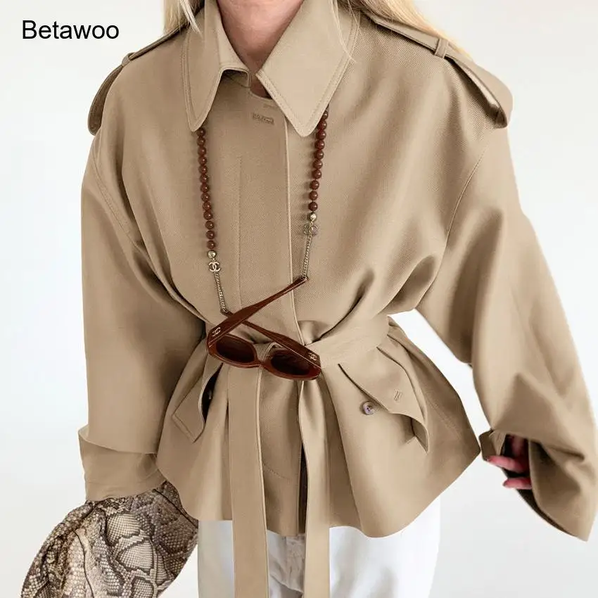 Women's Casual Short Trench Coat with Belt Lapel Neck Long Sleeve Outerwear Spring Autumn Windbreaker Jackets