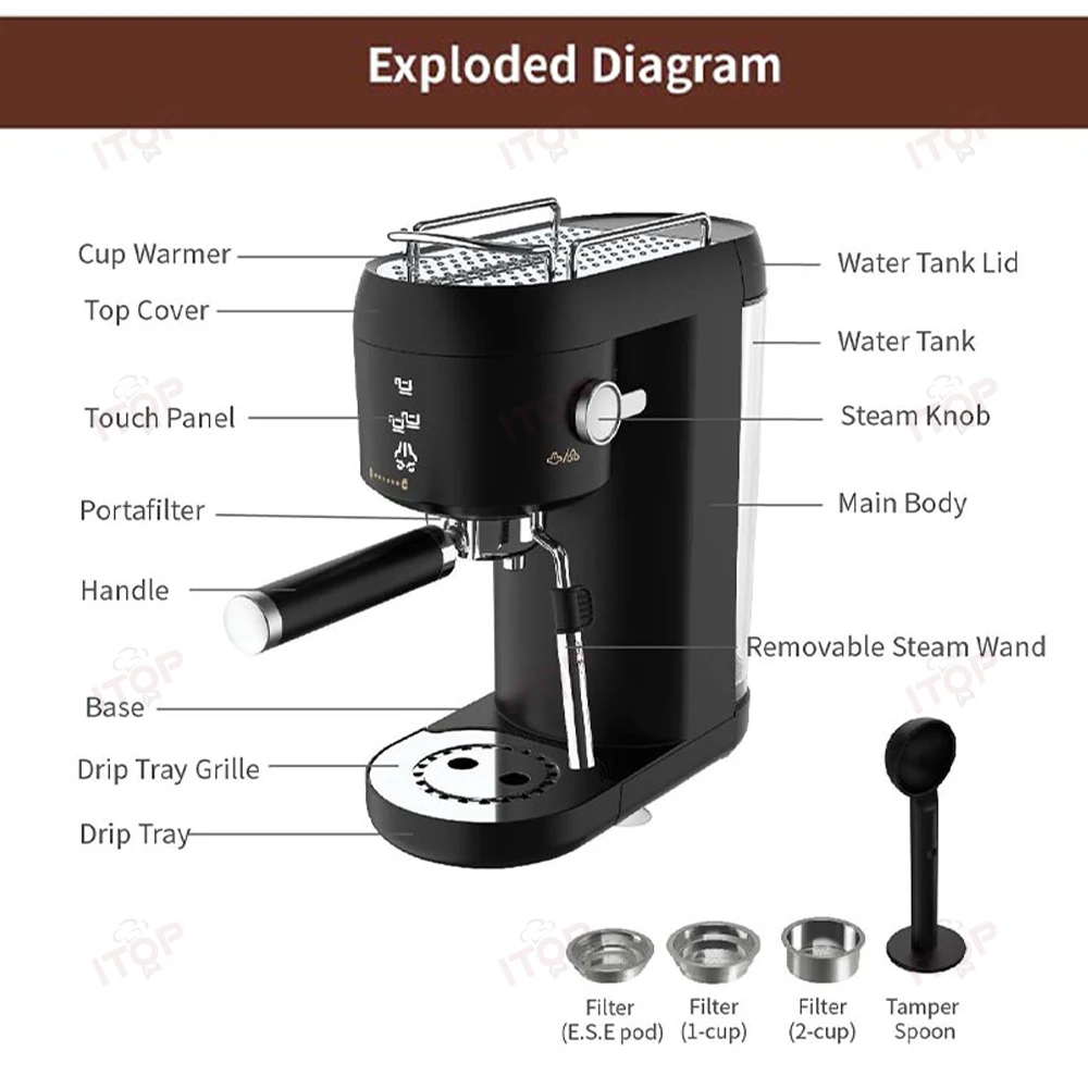 Household Coffee Machine 20 Bar Espresso Maker with Steam& Hot Water Wand 1L Water Tank 3 Filters for 1/2 Cups& E.S.E Pod 220V