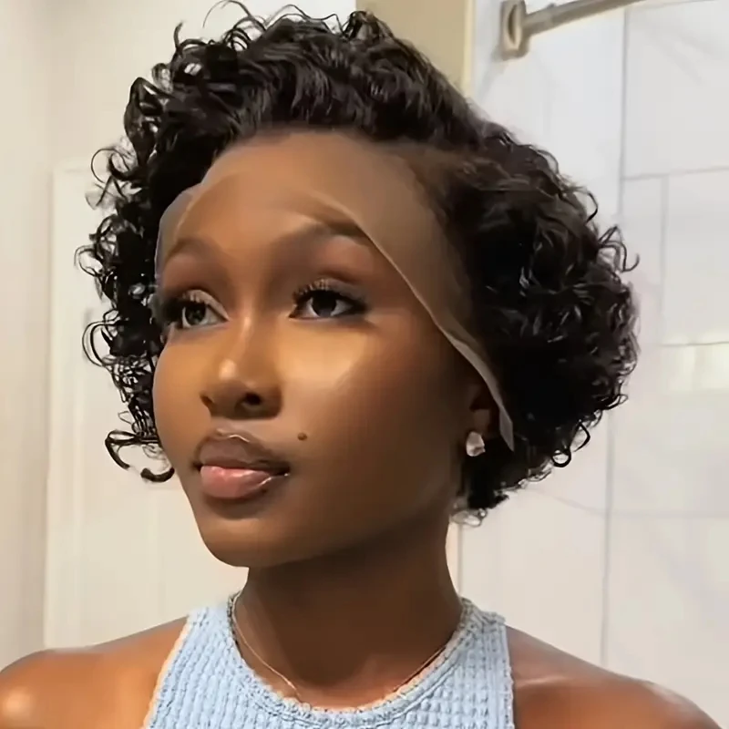 13x4x1 Pixie Cut Lace Front Wig for Women  Curly Wave 150% Density Human Hair Wig