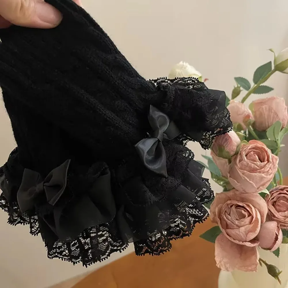 1 pair Lace Ruffle Hand Sleeves Mittens Detachable Fingerless Style Arm Warmers Gloves Stretchy Knitted False Sleeve Winter Wear view 4