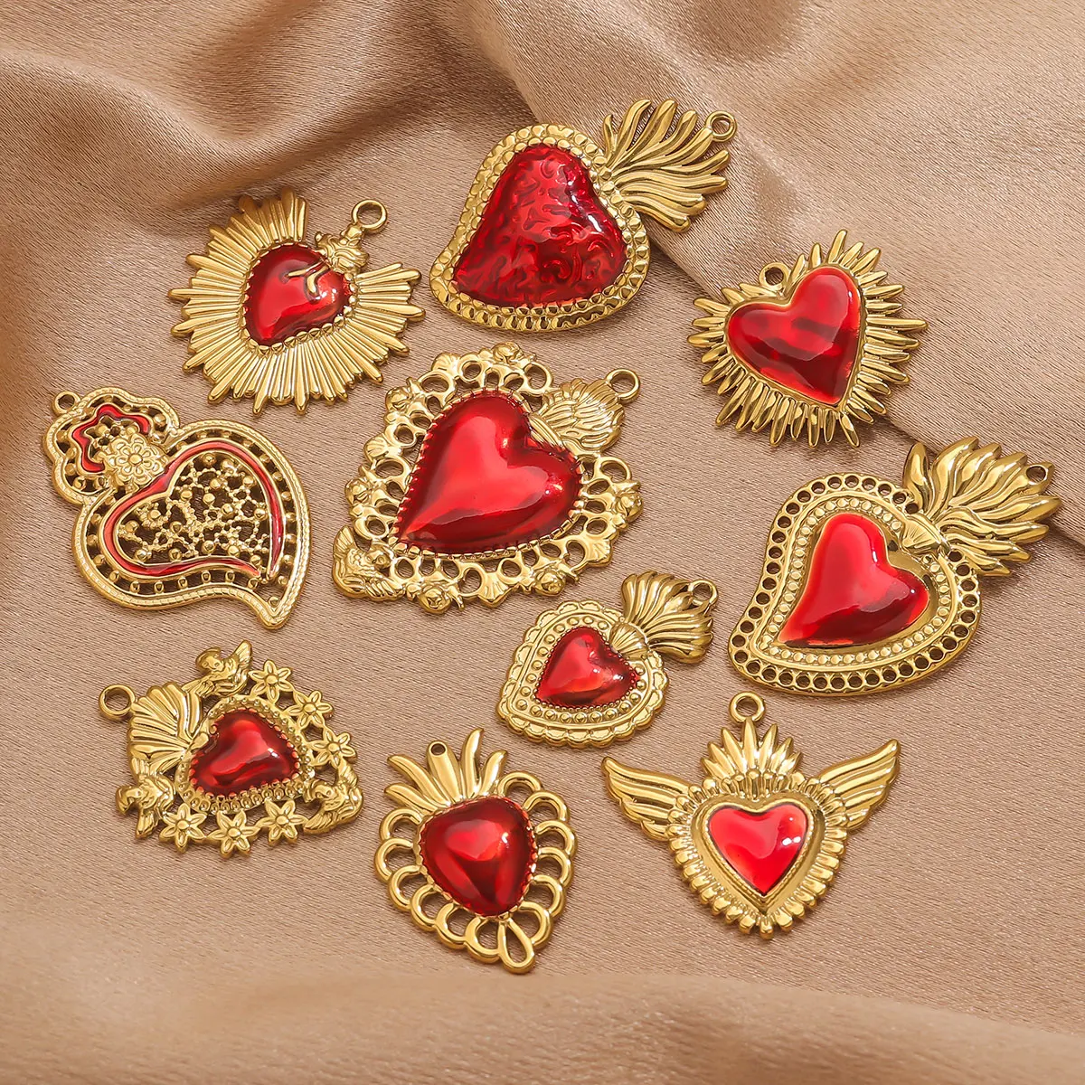 3 قطعة الفولاذ المقاوم للصدأ الأحمر المينا على شكل قلب سحر مطلية بالذهب عقد دي اي واي سوار أقراط مستلزمات صناعة المجوهرات بالجملة