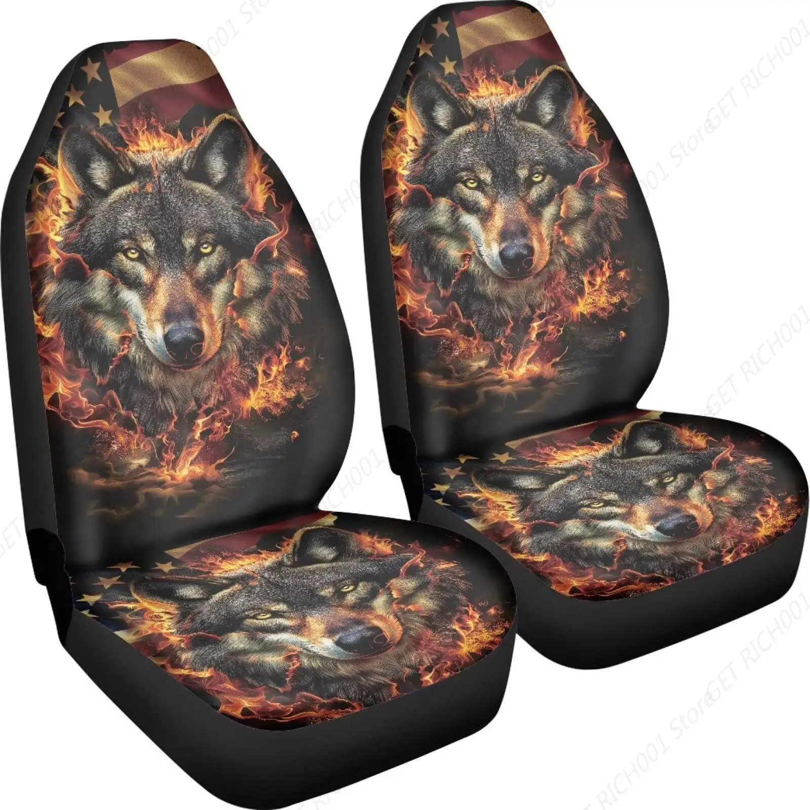 Car Seat Cover Cool Fire Wolf Design Auto Front Seat Covers 2 Pieces, Car Seat Protector Car Mat Covers, Fit Most Vehicles, Cars