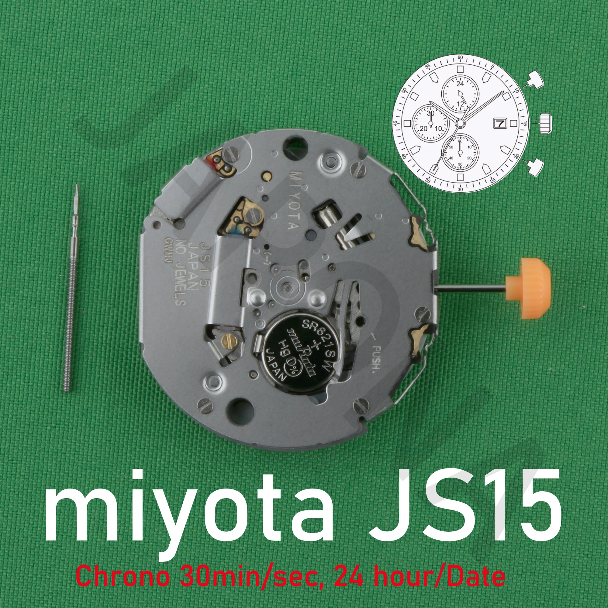 Js15-movimiento miyota Js15-3, cronógrafo japonés, 30min/seg, fecha de 24 horas