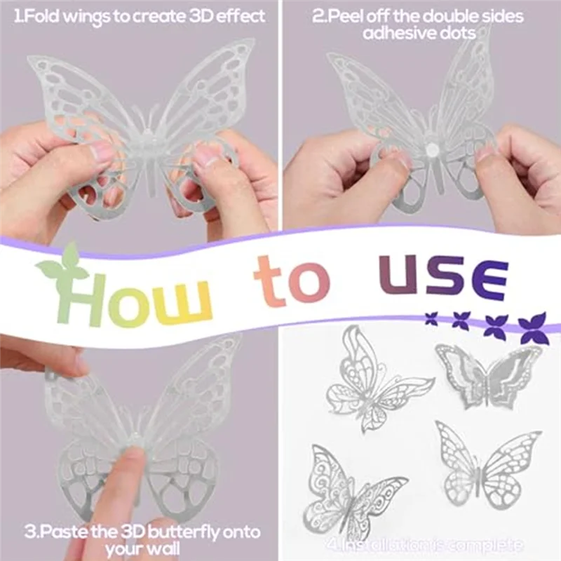 A92P Room Decor 96 Pcs 3D Metallic Butterfly Wall Decorations-Stickers For Weddings For Parties