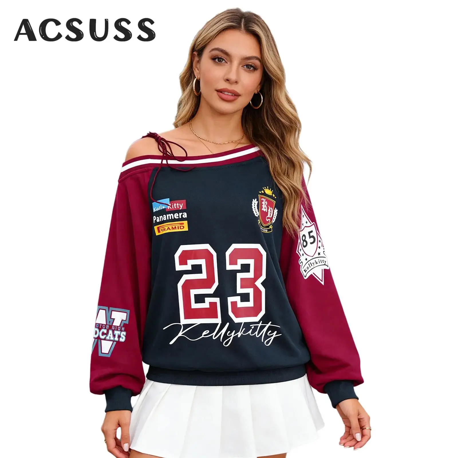 Womens Y2K Jersey Shirts Number Graphic Sweatshirt Long Sleeve Off-Shoulder Lace-Up Pullover Tops Music Festival Streetwear