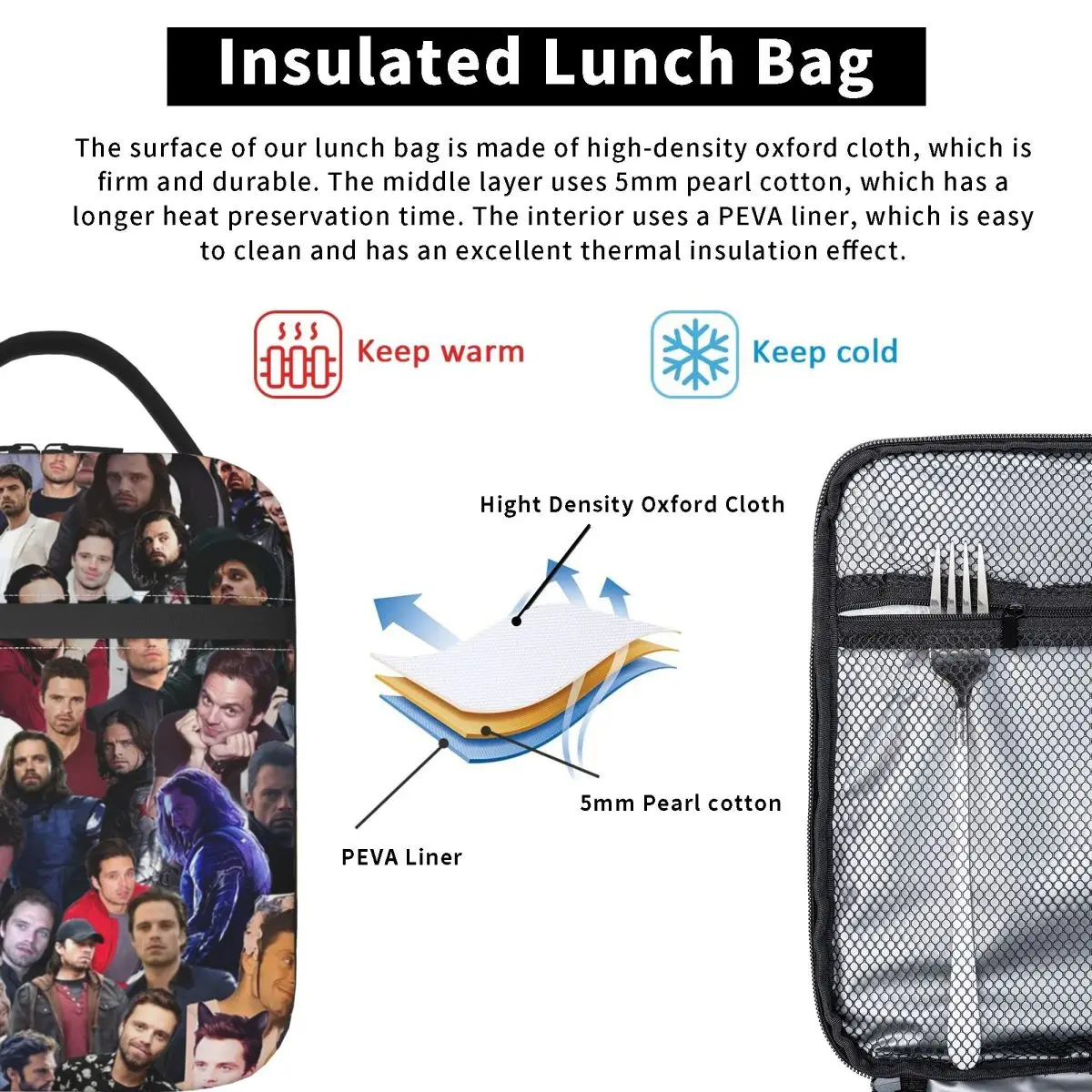 Sebastian Stan College Insulated Lunch Bag for Women Kids Portable Food Boxes Thermal Lunch Box Tote