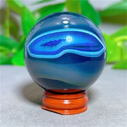 Blue Silk Agate Sphere Crystal Natural Stone Quartz Home Decoration Minerals Reiki Craft Gifts Energy Healing Spiritual +Stand