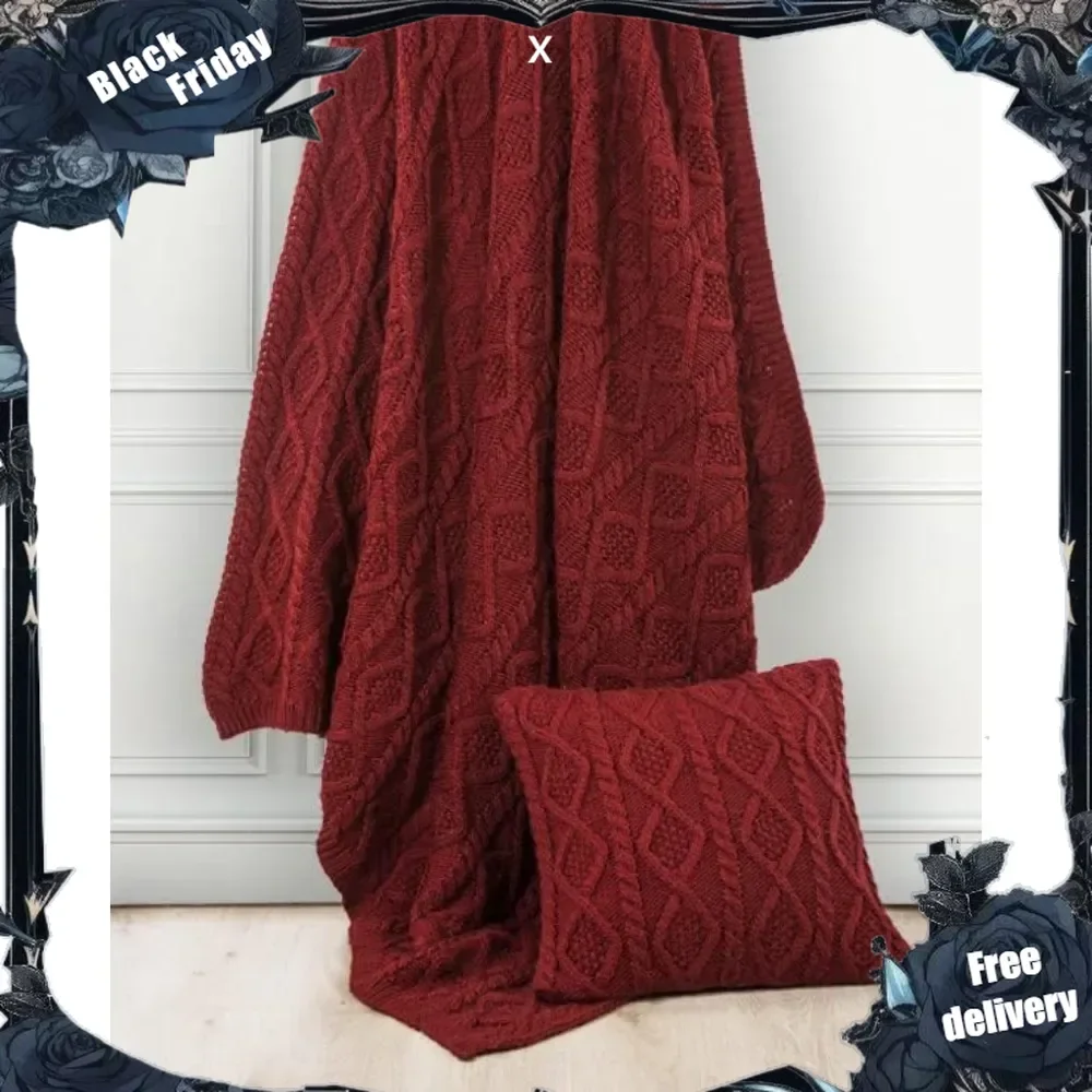 Red Cable Knit Throw Blanket 50x60 inch, Cozy Sweater Woven Knitted Wool Blend Blankets, Warm Fall Winter Large Chunky Throws