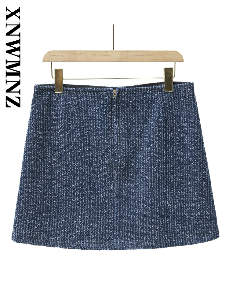 

XNWMNZ 2025 летняя новая женская шикарная повседневная джинсовая мини-облегающая юбка, простая модная женская синяя джинсовая юбка