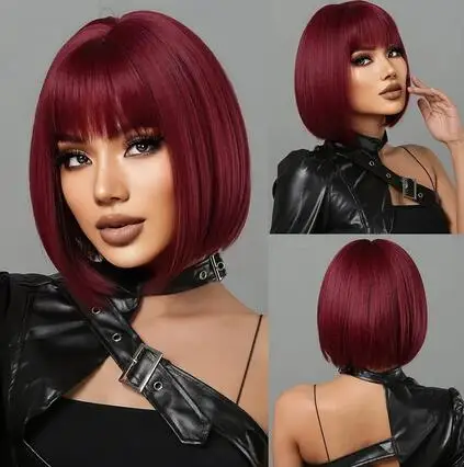 Short Wine Red Bob Wigs For Women Burgundy Bob Wigs With Thick Bangs Heat Resistant Synthetic Wig