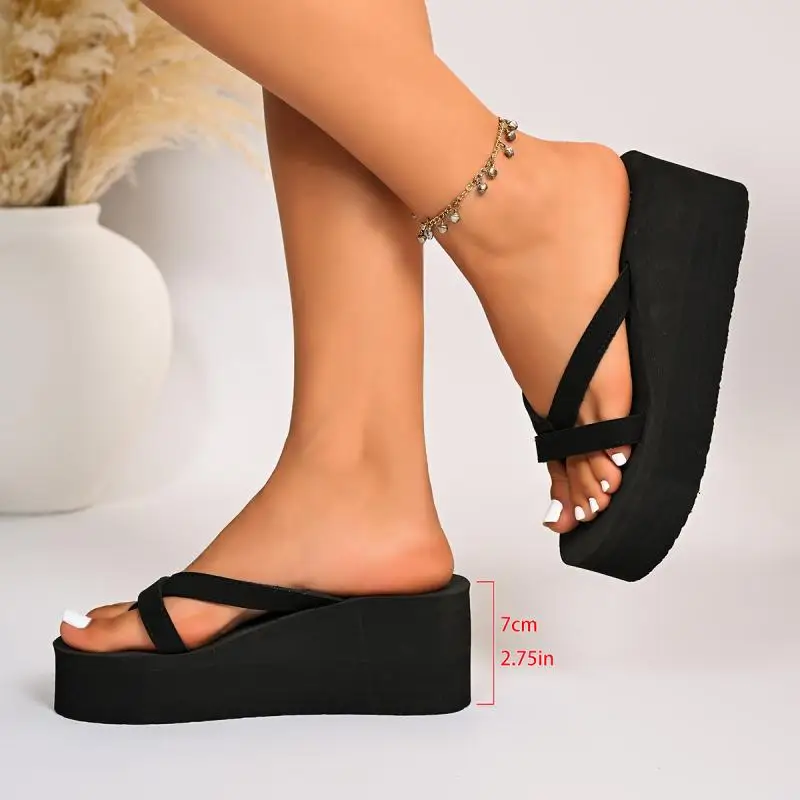 Damen Schwarze Schlichte Chunky Plateau-Flip-Flops Sommer 2026 Zehensteg-Slipper mit Keilabsatz Bequeme Leichte Sandalen für Frauen – Detail 5