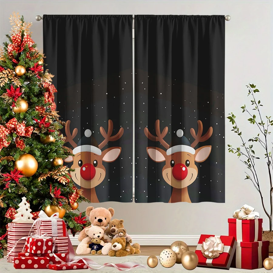 2PCS Christmas Winter Curtains, Black Cartoon Red Nose Reindeer Santa Hat, Digital Print, Bedroom Living Room, Home Decor