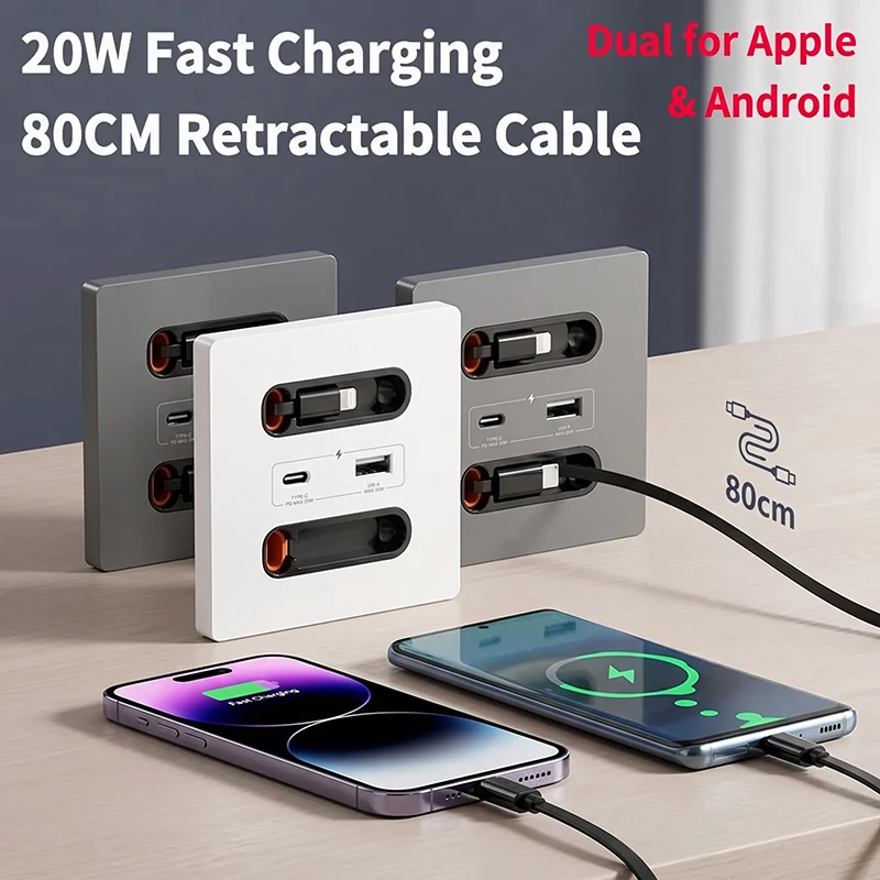 86-Type Wall Socket with 20W USB-C PD + USB-A Fast Charging – 80cm Retractable Cable for iPhone & Android, Built-in Quick Charge