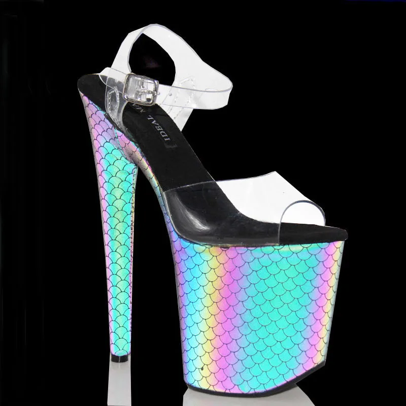 IDEAL MA new fluorescent gradient high heels 20CM8 inch club performance pole dance thick bottom reflective material sandals