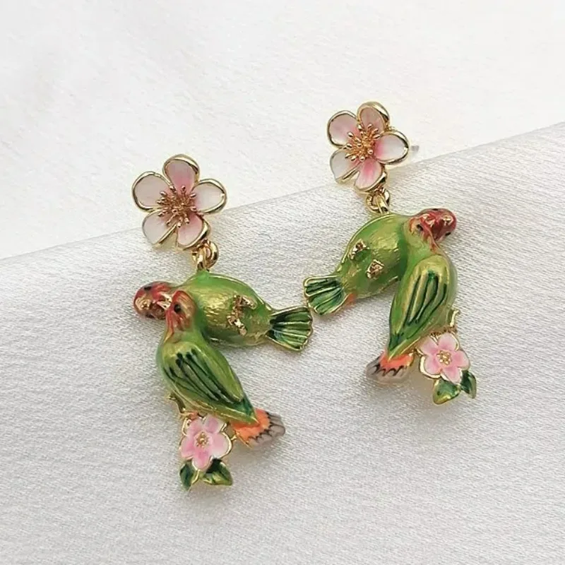 Boho Countryside Style Handdraw Enamel Pink Sakura Flower, Green Lovebird Dangle Earrings for Women, Light Luxury Romantic Craft