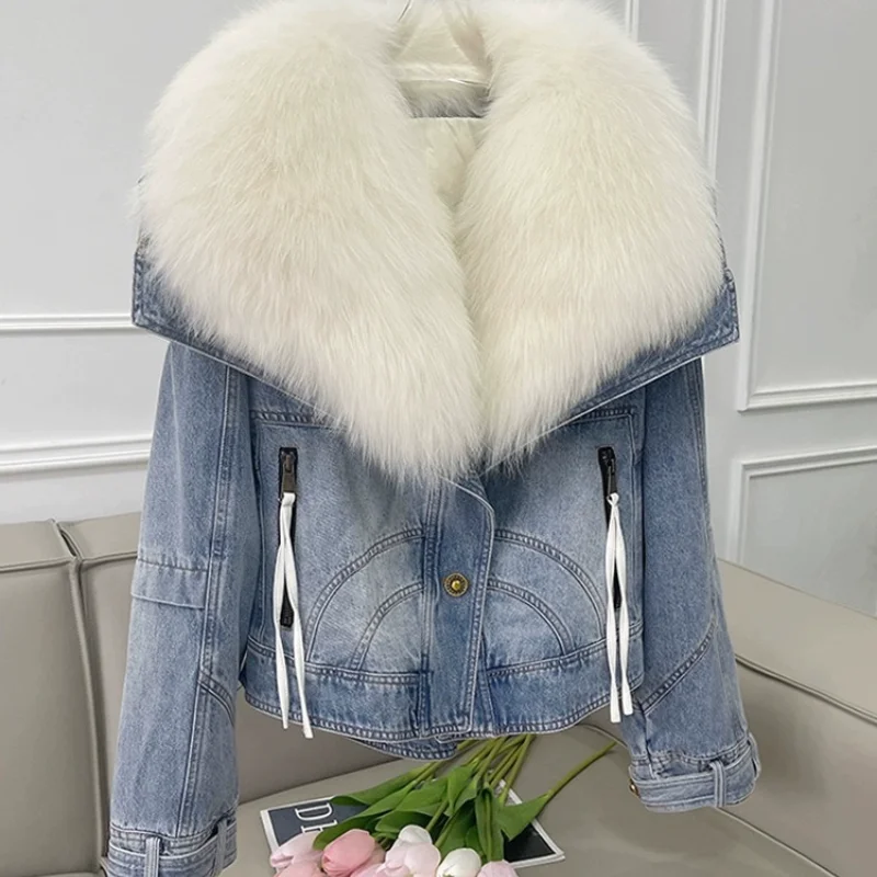 

Джинсовая верхняя одежда со съемным меховым воротником, свободная джинсовая верхняя одежда, Новое поступление, женское модное корейское пальто