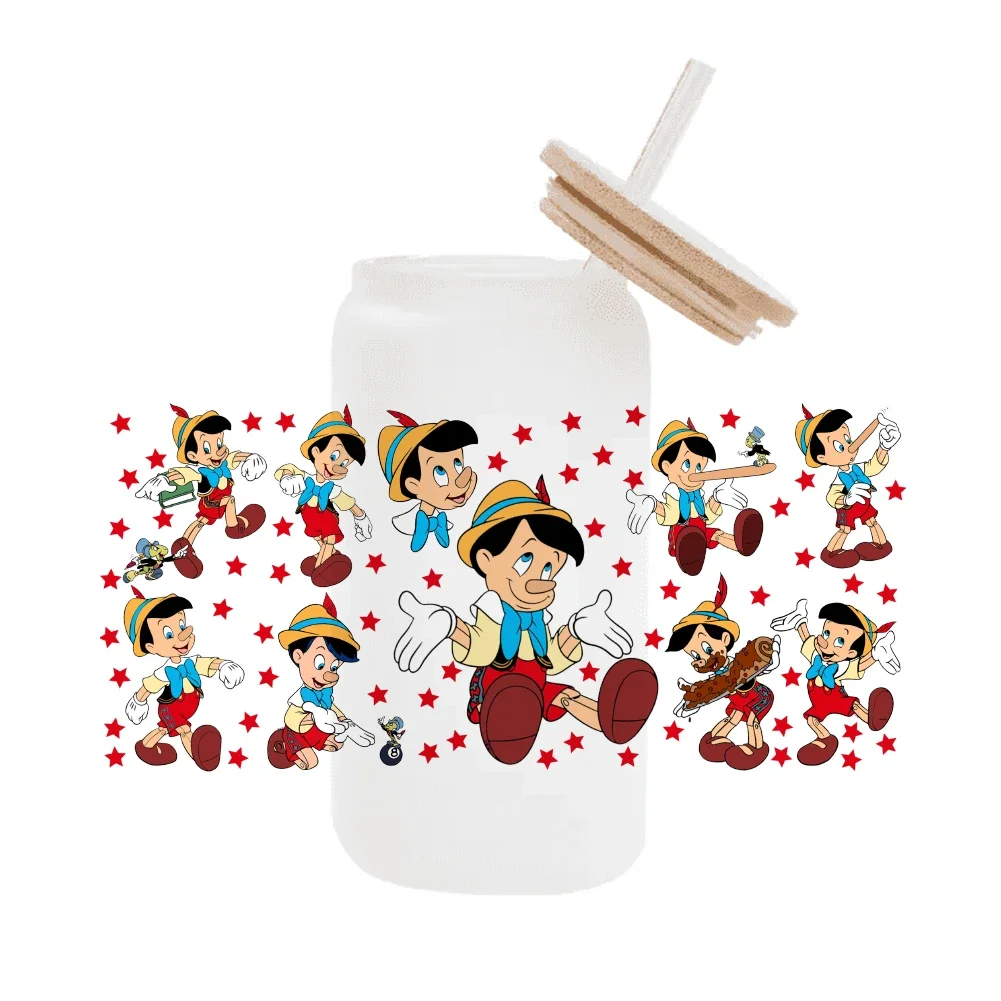 Pinocchio Disney Cartoon für Libbey 16oz Can Glass 3D Wasserdicht UV DTF Kaffeedose Wrap Libbey Glass Wrap