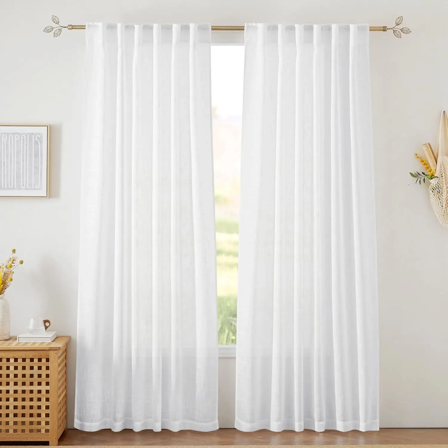Cortinas Transparentes Blancas de 90 Pulgadas de Largo, Tela con Textura de Lino Ondulado para Puertas Corredizas, Balcón, Terraza, Solárium, Casa de Campo, 52x90 Pulgadas, Par