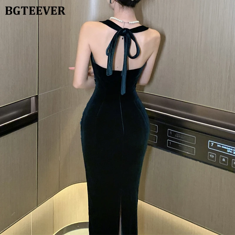 BGTEEVER Vintage Women Halter Package Hip Velvet Dress Elegant Slim Ladies Sleeveles Skinny Bodycon Dress Spring Summer Vestidos