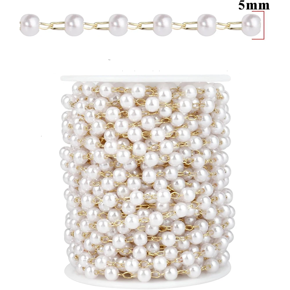 66 Feet(20 Meter) Faux Pearl Brass Chain 3/4/5/6/8mm Pearl Beads Chains Bulk for DIY Necklace Bracelet Choker Jewelry Making