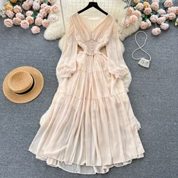 Chic Pleated Long Sleeve V Neck Dress Chiffon A-line Casual Dresses Fashion Women Elegant Vestidos