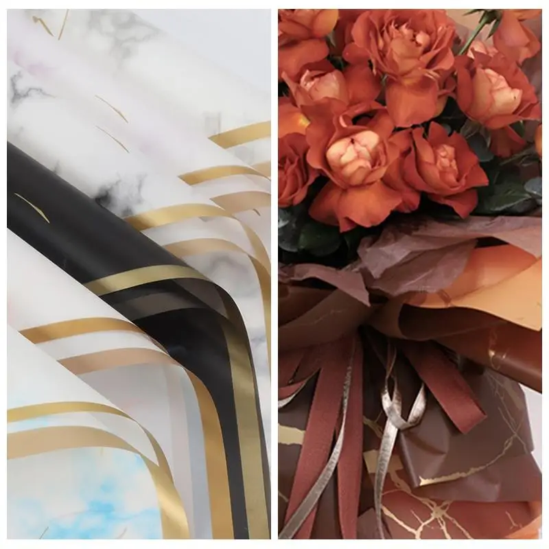 5pcs 57x57cm Flower Wrapping Paper Golden Border Marble Style DIY Gift Packing Half Transparent Bride Bouquet Florist Material