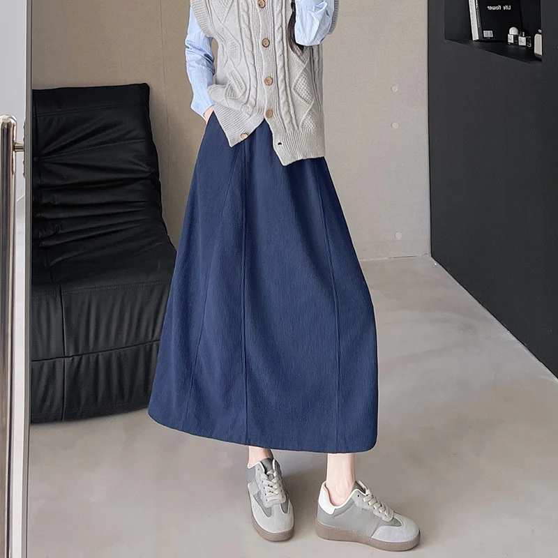 2025 Vintage Cord Lange Röcke Frau Elastische Taille Harajuku Große Schaukel Midi Rock Herbst Winter Koreanische Beliebte frauen Kleidung