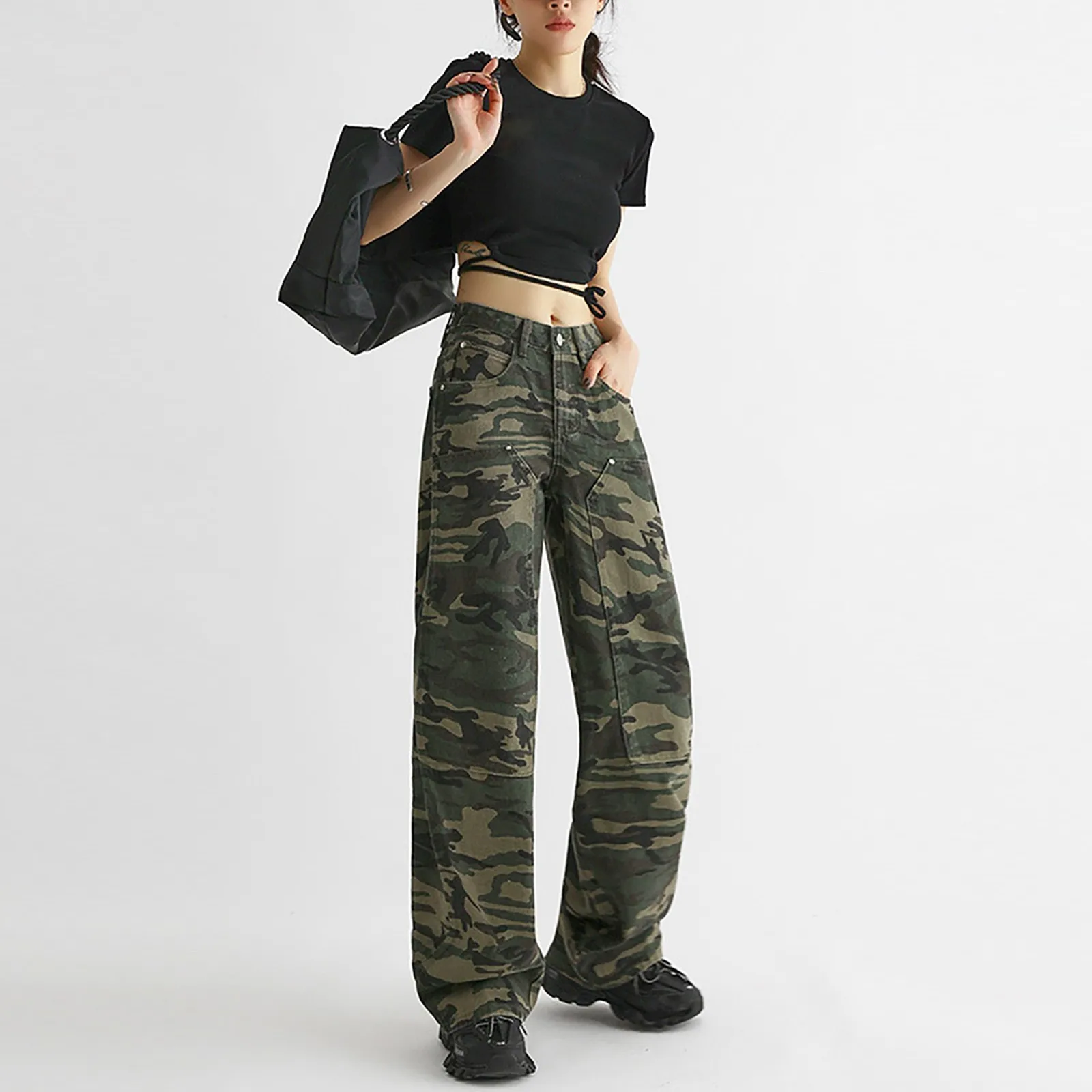 

Camo Casual Jeans For Women's Work Wear Pants Military Green High Street Pant High Waist Fashion Cool Straight Leg Pants New