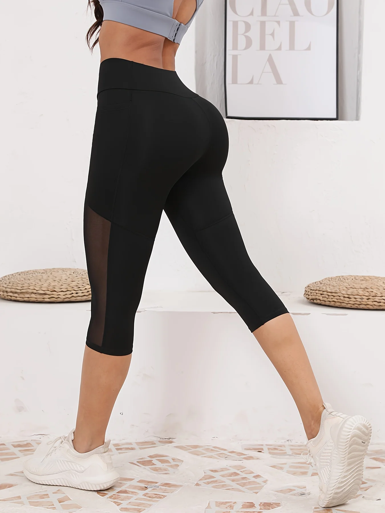 Women\'s Mesh Splicing With Pockets High Waist Yoga Pants Capri Tummy Tuck Exercise Leggings