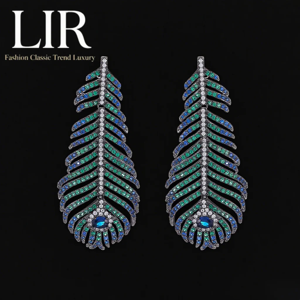 

LIR Luxe Peacock Feather Earrings: Heavy - Duty Zircon Inlay, Shiny Tassel Design, Eye - Catching Statement Jewelry