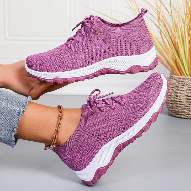 軽量通気性ニットスニーカー女性のための厚い底ノンスリップラン - Knit Fabric Lace Up Sneakers のレビューと価格