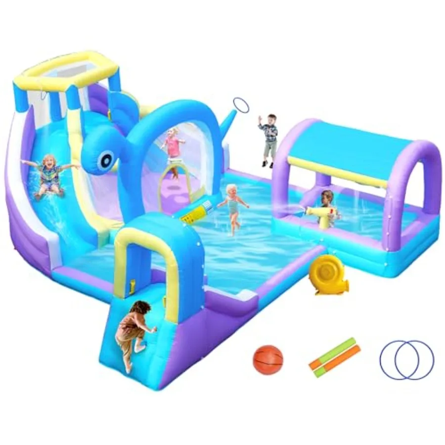 

Outdoor inflatable water slide park for 5 kids: PVC, blue/red, includes blower, 2 splash pools, climbing wall, water cannon, ri
