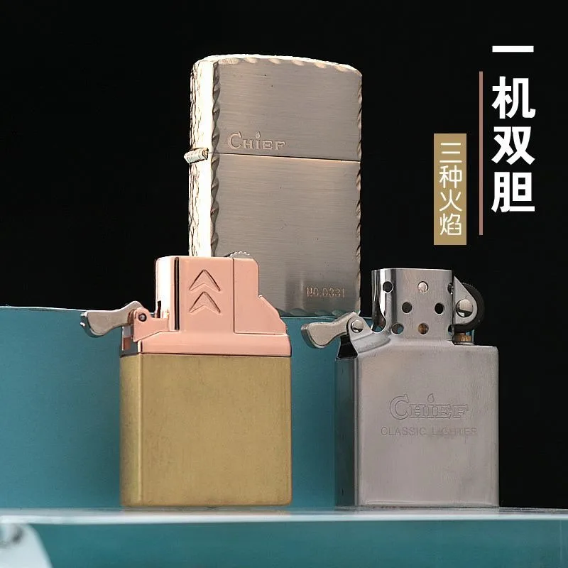 2026 Chief Windproof Lighter Double Liner Kerosiene Inflatable Machine Three Flames Personalized Gift One-Click Fire Breathing