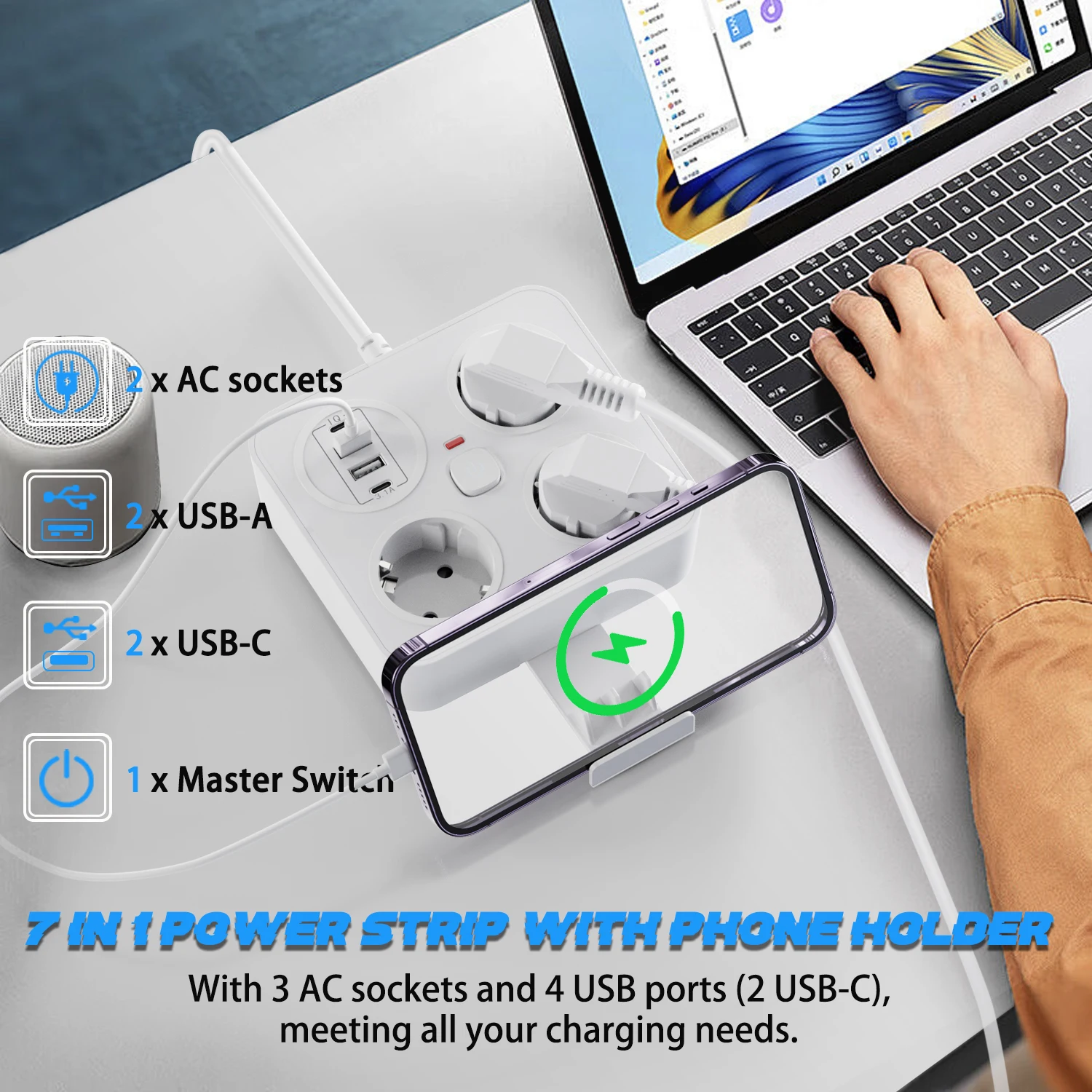 

Настенный удлинитель 7 в 1 с держателем для телефона, 3 розетки переменного тока + 4 порта USB (2 USB-C), защита от перенапряжения, вилка европейского стандарта, главный выключатель