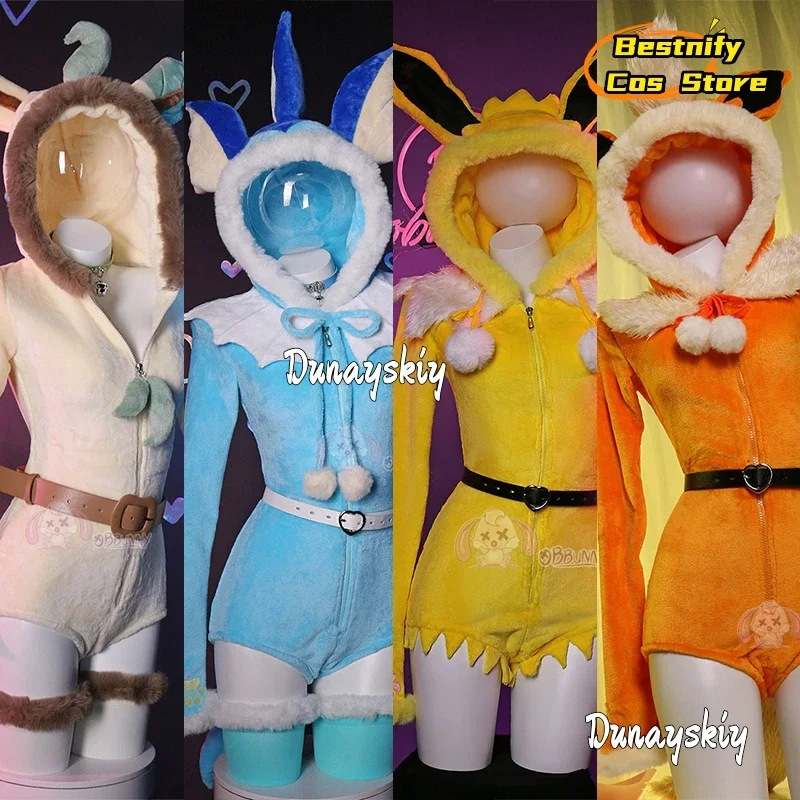 

CosplayAnime Eevee Cosplay Costume (S-XL)Women Sexy Flannel Hooded Bodysuit Socks Suit 4 Style Bunny Girl Cartoon Jumpsuit Unifo