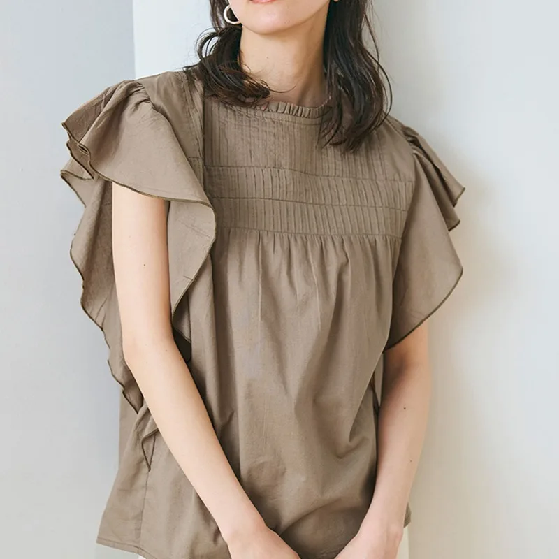 

Loose Fit Korean Sle T-irt Women's Summer Big Size Personali Match round Ne Pleated Fly Sve Cotton ort Sve