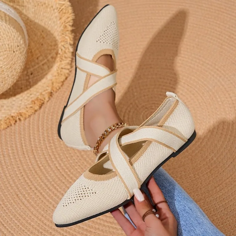 Women's Shoes Mesh Breathable Pointed Toe Flat Shoes Fashion Soft Bottom Knitted Shoes Female Casual Slip on Footwear Loafers