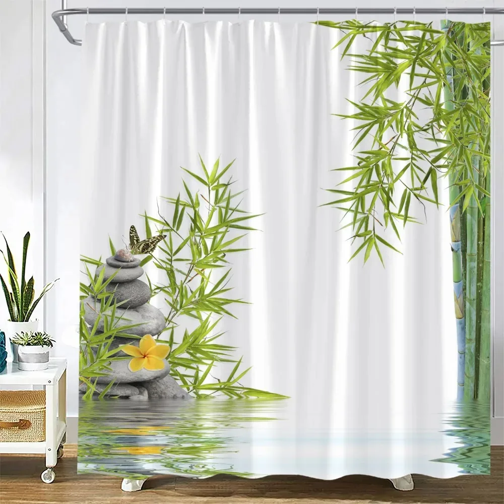 Zen Green Bamboo Shower Curtains Purple Orchid Butterfly Flowers Plants Black Stone Spa Nature Scenery Fabric Bathroom Decor Set