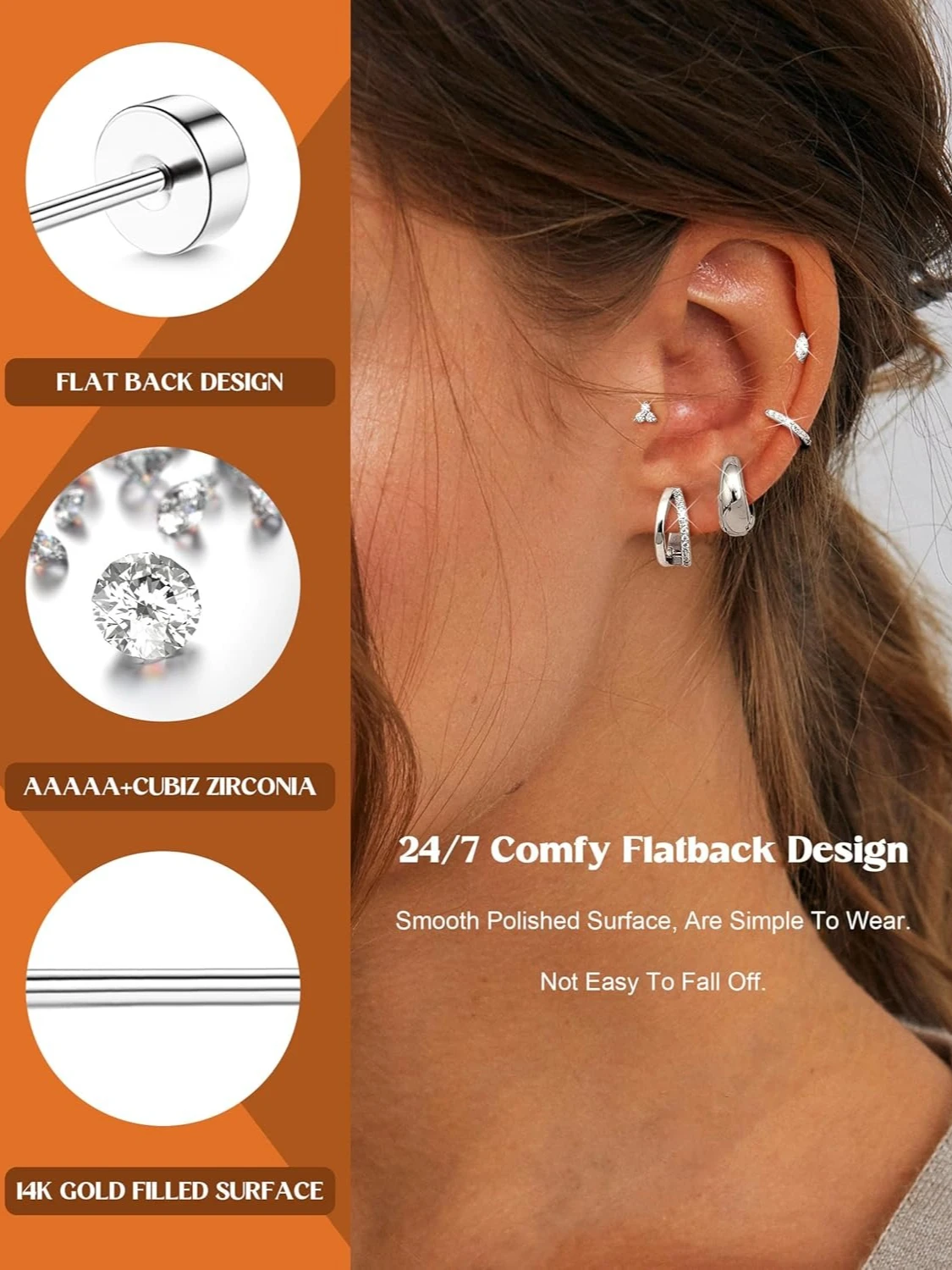 Bobisty 11 Pairs Surgical Steel Suds Earrings for Women Men 20G Flat Back Cartilage Stacks Studs Helix Multiple Piercing Jewelry