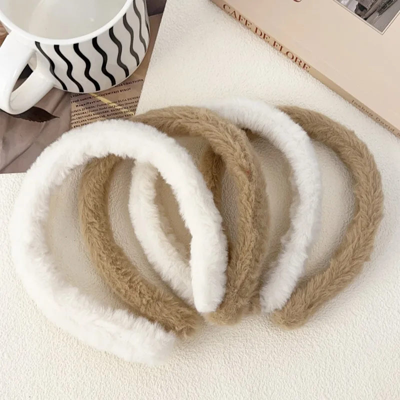 Winter Plush Hair Bands for Women Girls Korean Fashion Solid Wide Rabbit Fur Hairbands Sweet Furry Hair Hoop Hair Accessories