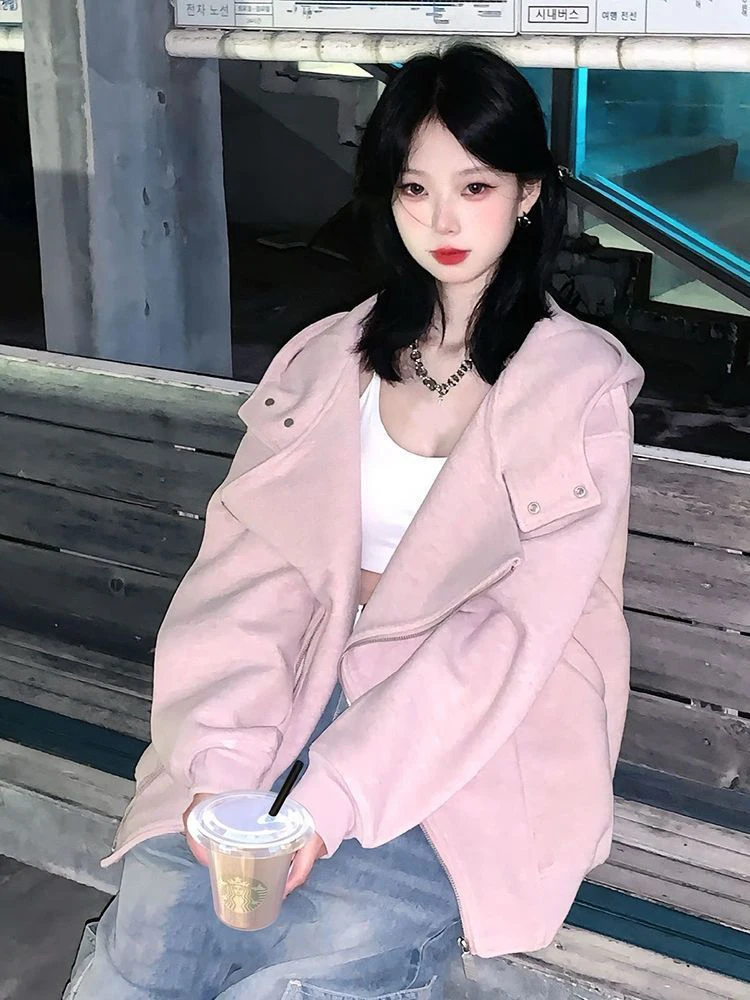 Chaqueta con capucha de algodón puro para mujer, ropa de calle rosa con cremallera, abrigos Vintage de diseño Irregular informal coreano, primavera y otoño