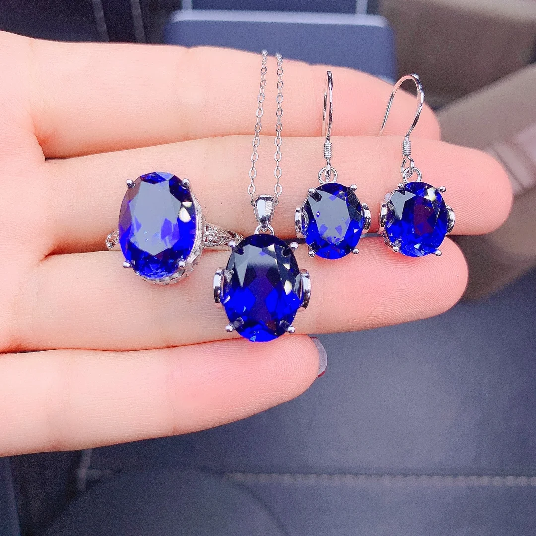 

FS S925 Sterling Silver Fine Jewelry Sets for Women Natural Sapphire Fashion Ring Earrings Pendant Necklace 4-Piece MeiBaPJ