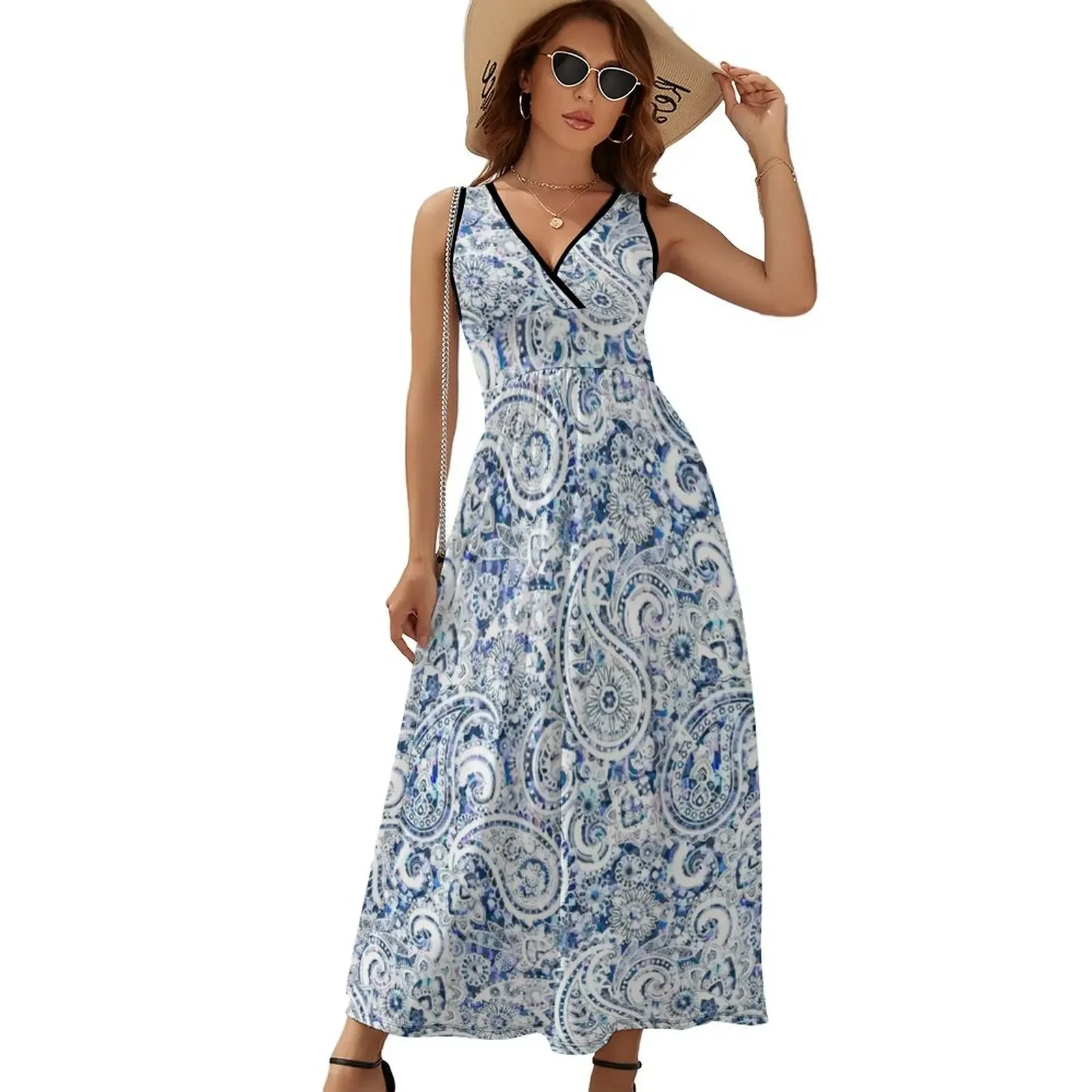 Paisley Game Day Dress White with Blue Confetti Sleeveless Dress summer dress women 2025 cute