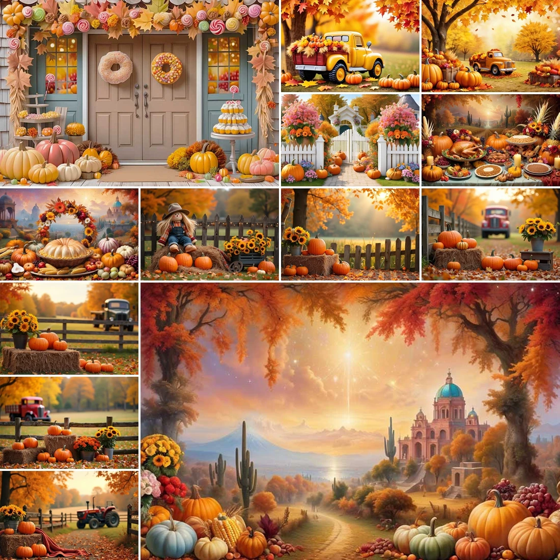 

MOON.QG Fall Thanksgiving Autumn Backgrounds For Photographs Farm Pumpkin Truck Food Photography Backgrounds Newborn Props Wall