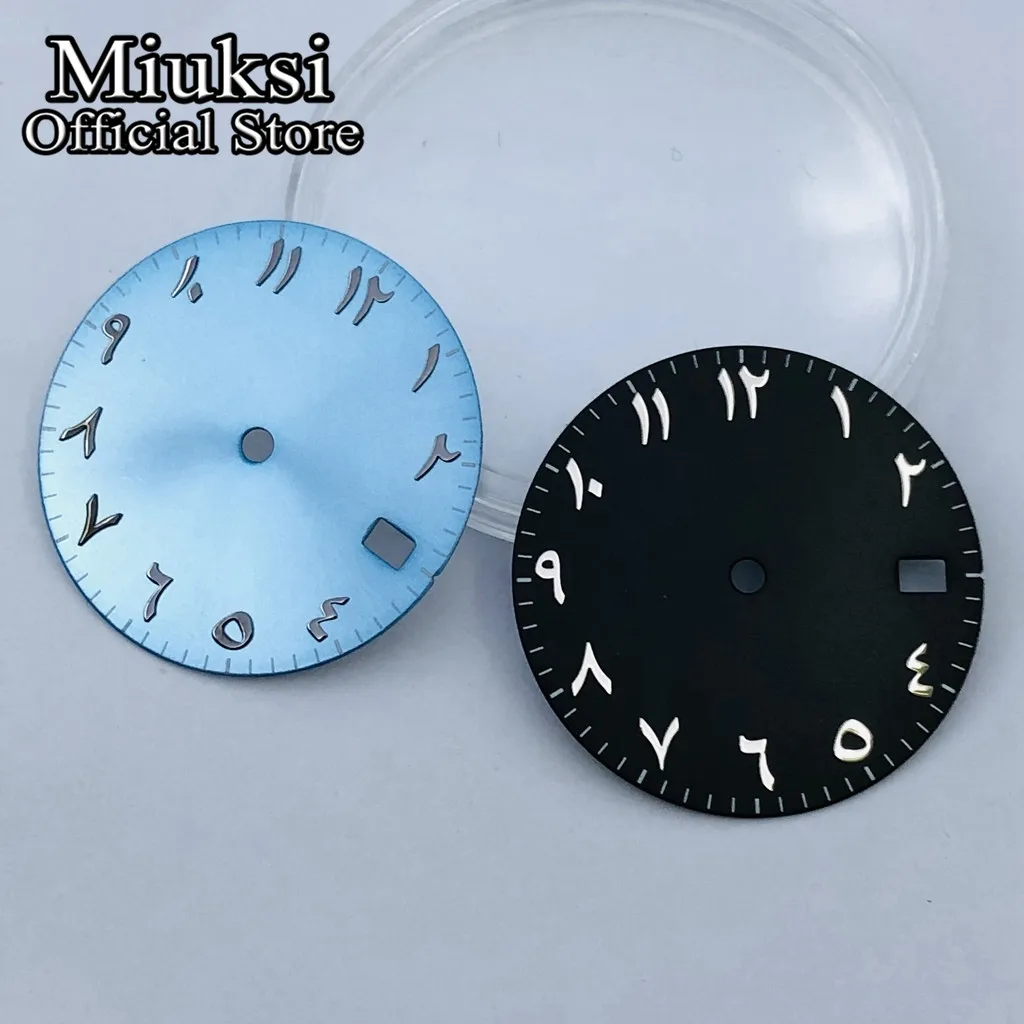 Miuksi 28.5mm silver black blue green sterile watch dial fit NH34 NH35 movement fit 3 o\'clock crown 3.8 o\'clock crown