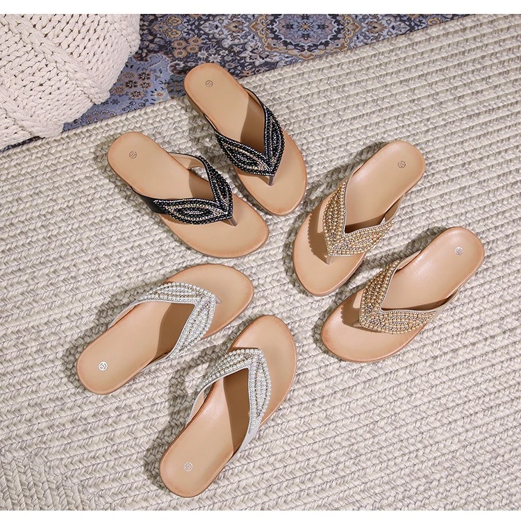 

New Bohemian sandals, round-toe flat sandals for women, rhinestone large size women's sandals, casual and easy-matching