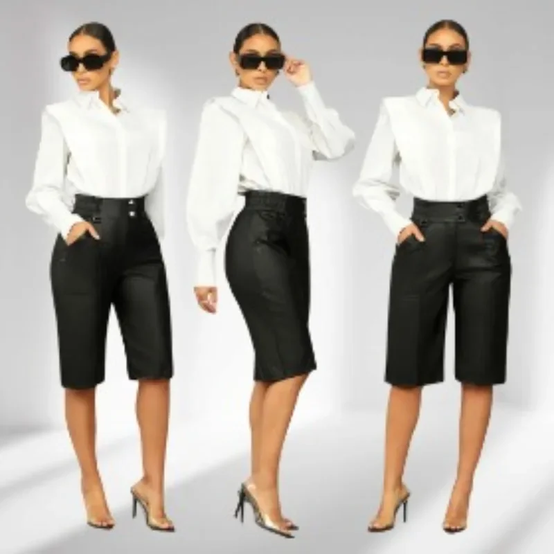 

GUWU Fashion Street Women Faux Leather Straight High Waist PU Knee Length Pants Elegant Solid Black Trousers