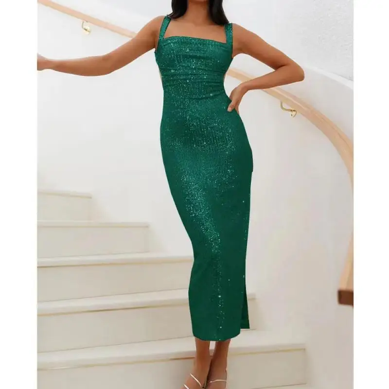 2024 New Women\'s Square Neck Slim Fit Sexy Backless Backless Strap Split Bead Sequin Evening Dress Dress