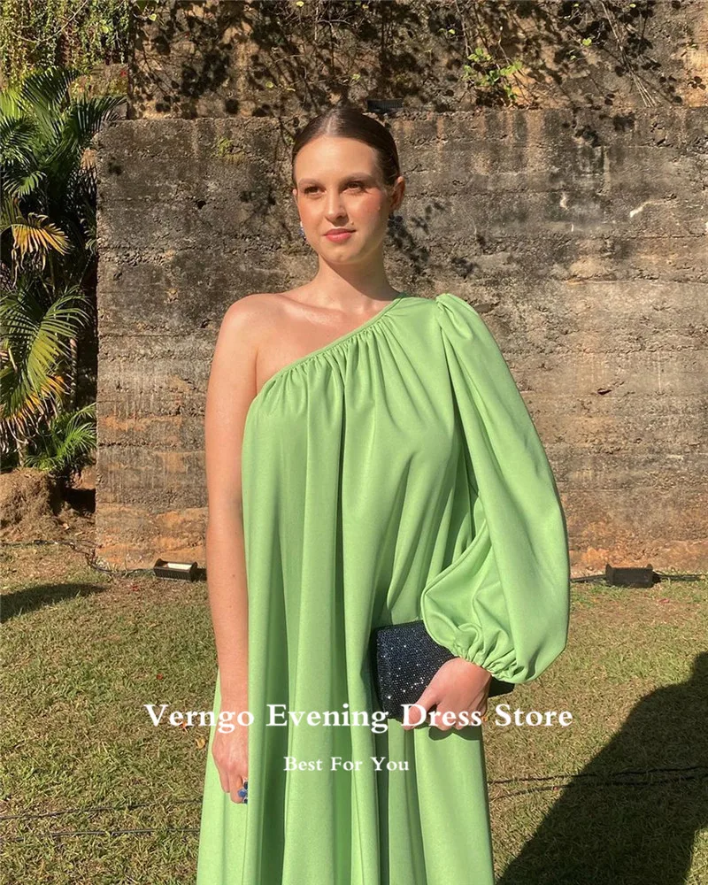 Verngo Light Green Silk Satin Straight Evening Dresses One Shoulder Puff Long Sleeve Arabic Women Formal Party Dress Prom Gowns